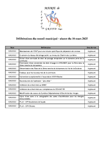 Liste délibérations du Conseil municipal du 10 mars 2025