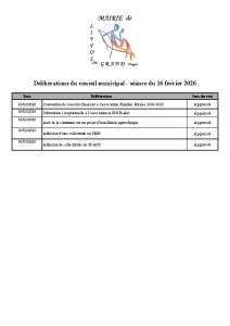 Liste délibérations du Conseil municipal du 16 février 2026